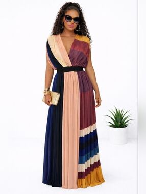 Multi-Color Pleated Maxi Dress with V-Neck